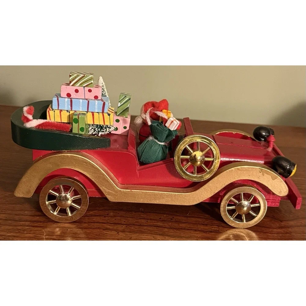 Vintage Montgomery‎ Ward Hand Painted Wooden Santa Claus Driving Red Car Musical